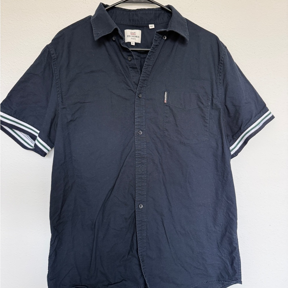 Ben Sherman Navy Short-Sleeve Button-Down with Striped Cuffs